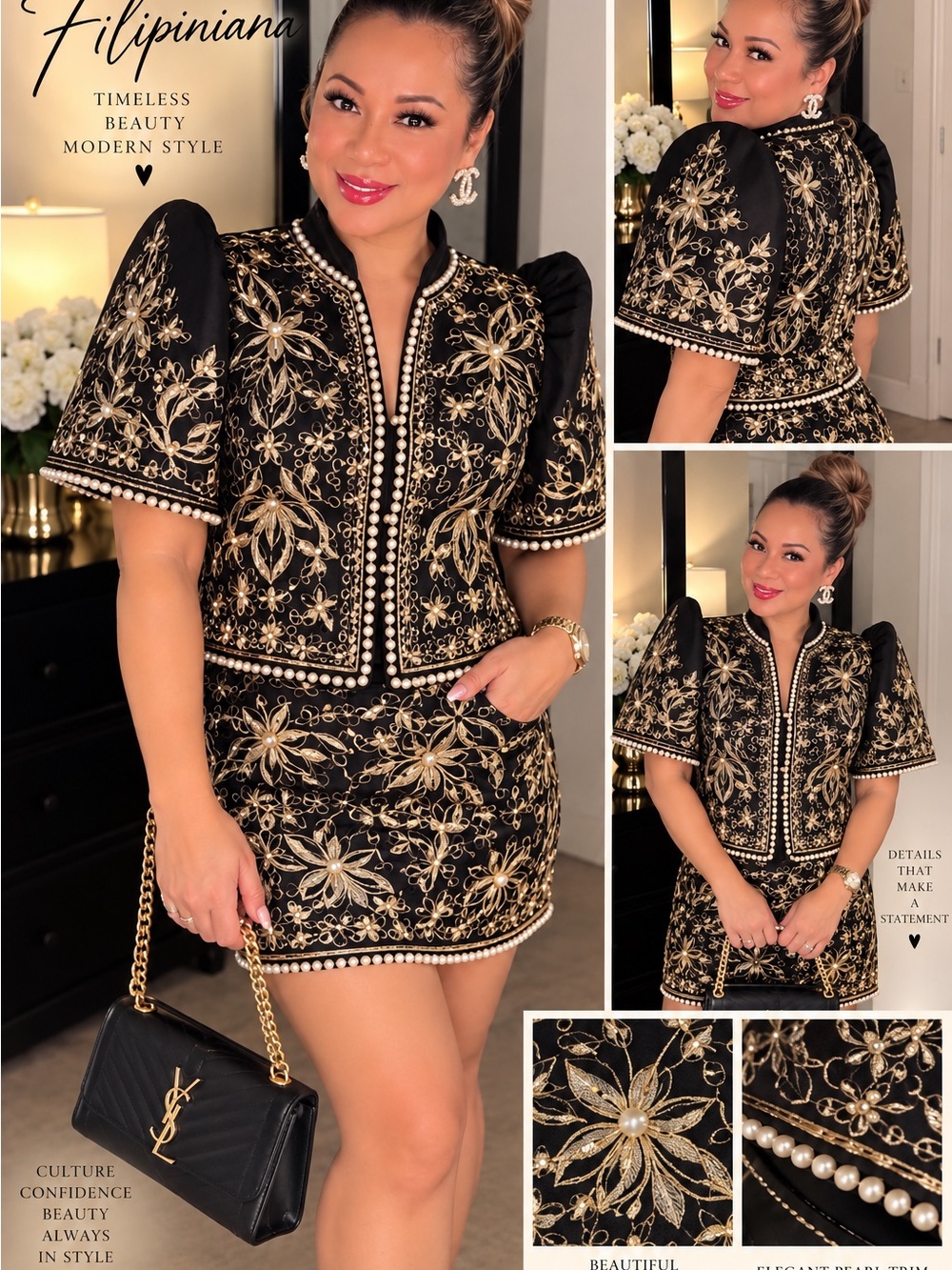Black & Gold Embroidered Filipiniana Top with Pearl Details(Top)